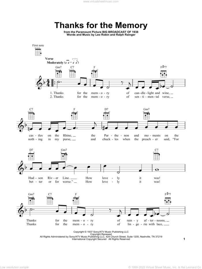 Thanks For The Memory sheet music for ukulele by Leo Robin, Dave McKenna, Mildred Bailey, Shep Fields and Ralph Rainger, intermediate skill level