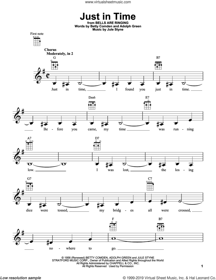 Just In Time sheet music for ukulele by Adolph Green, Betty Comden and Jule Styne, intermediate skill level