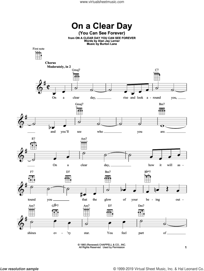 On A Clear Day (You Can See Forever) sheet music for ukulele by Burton Lane and Alan Jay Lerner, intermediate skill level