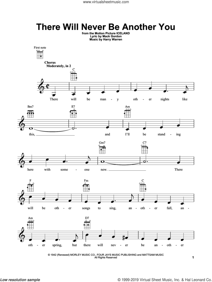 There Will Never Be Another You sheet music for ukulele by Mack Gordon and Harry Warren, intermediate skill level