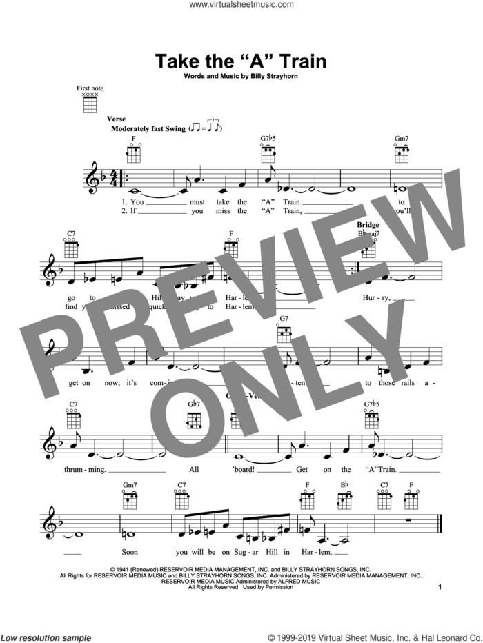 Take The 'A' Train sheet music for ukulele by Billy Strayhorn, intermediate skill level