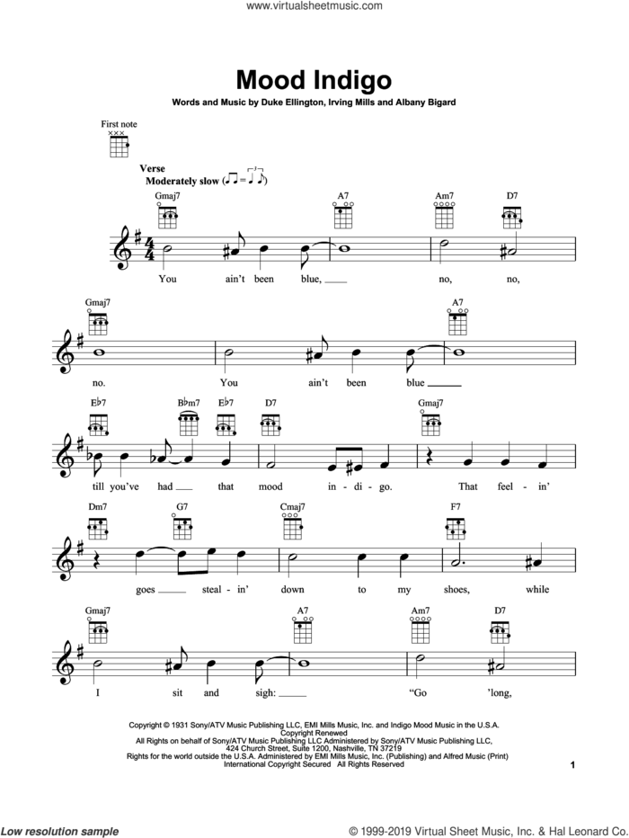 Mood Indigo sheet music for ukulele by Duke Ellington, Albany Bigard and Irving Mills, intermediate skill level