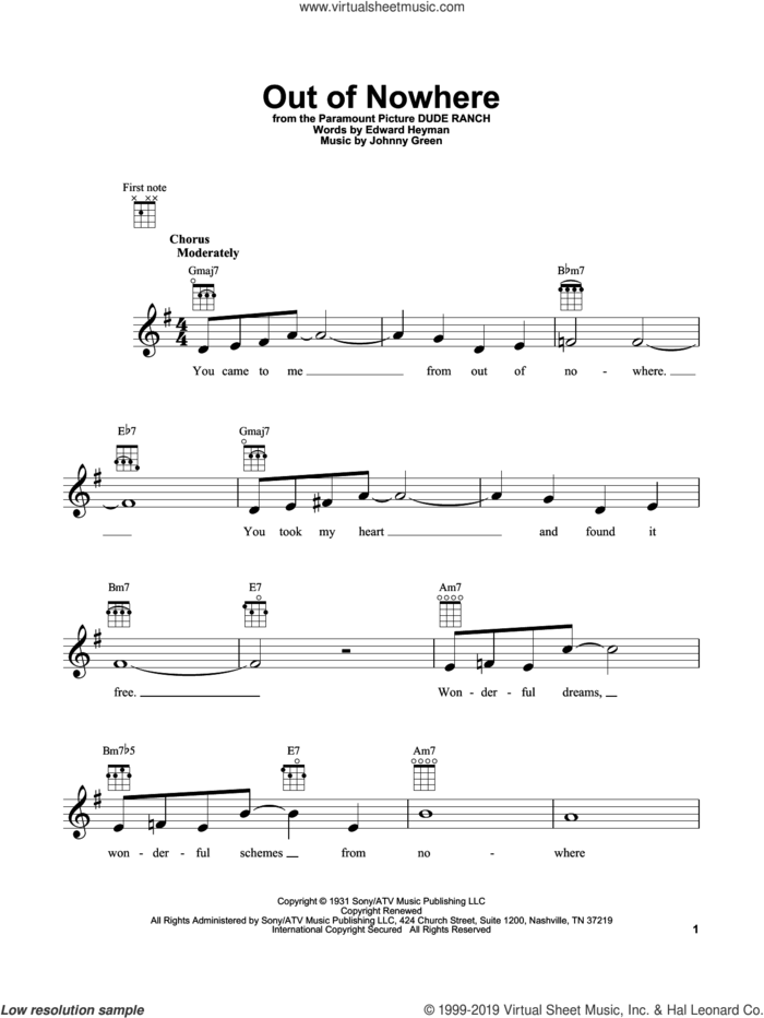 Out Of Nowhere sheet music for ukulele by Edward Heyman, Buddy DeFranco and Johnny Green, intermediate skill level