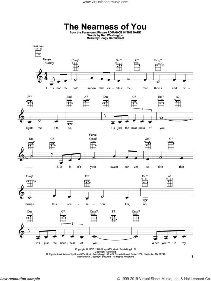 The Nearness Of You sheet music for ukulele by Hoagy Carmichael, George Shearing and Ned Washington, intermediate skill level