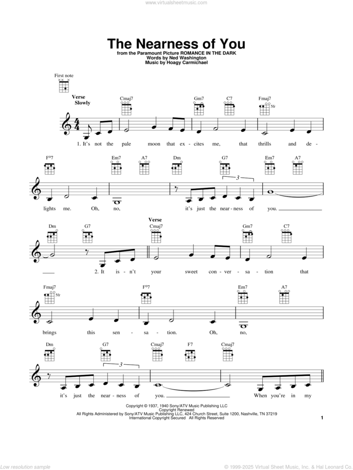 The Nearness Of You (from The Daily Ukulele) sheet music for ukulele by Hoagy Carmichael, George Shearing and Ned Washington, intermediate skill level