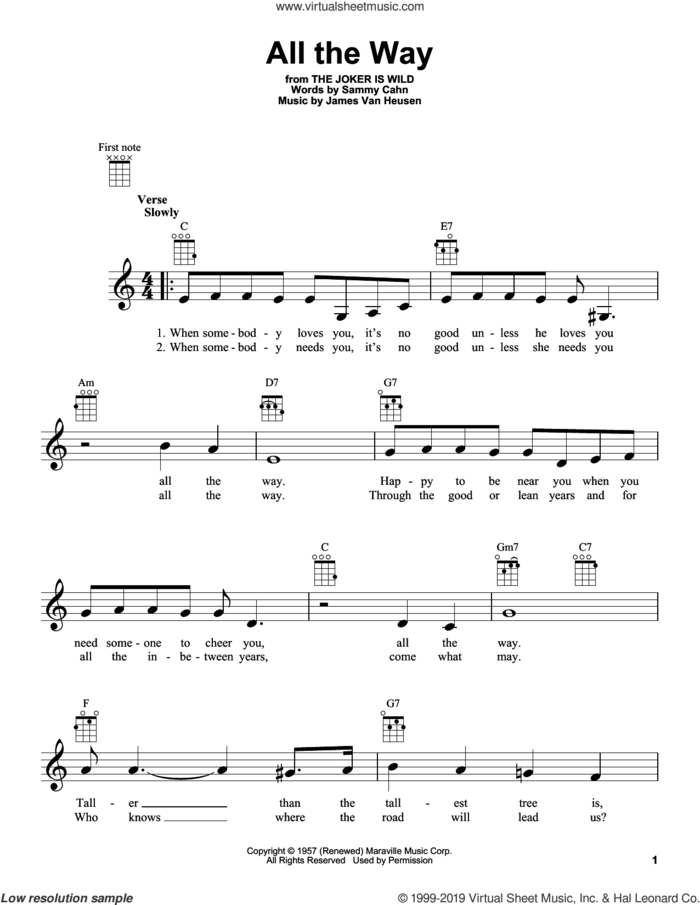 All The Way sheet music for ukulele by Frank Sinatra, Jimmy van Heusen and Sammy Cahn, intermediate skill level