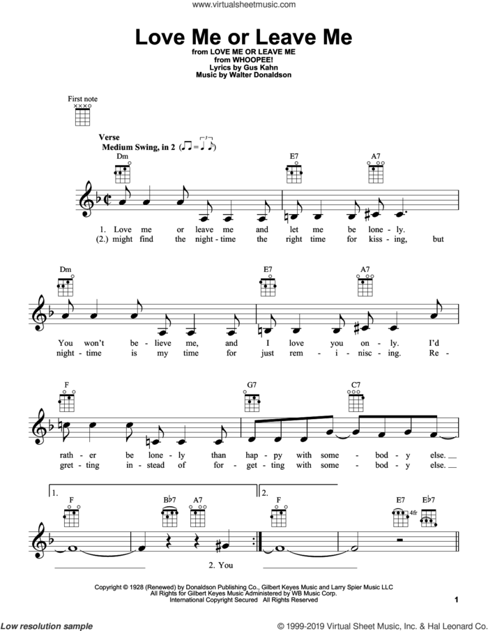 Love Me Or Leave Me sheet music for ukulele by Dave Pell, Gus Kahn and Walter Donaldson, intermediate skill level