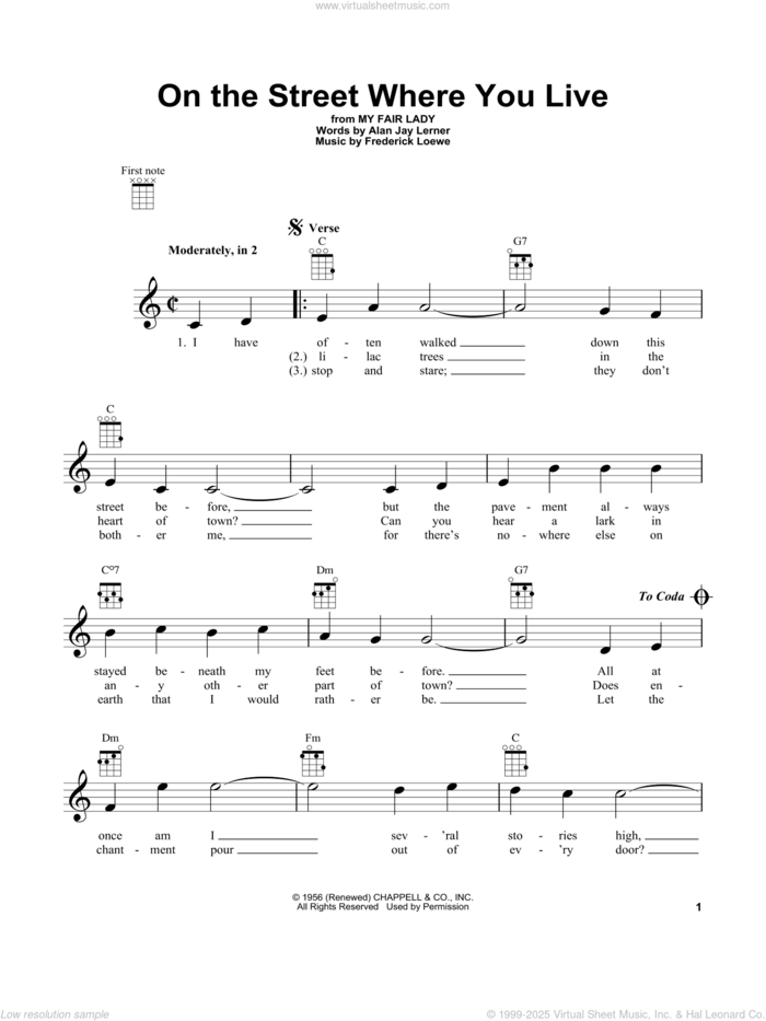 On The Street Where You Live sheet music for ukulele by Dennis De Young, Vic Damone, Alan Jay Lerner and Frederick Loewe, intermediate skill level