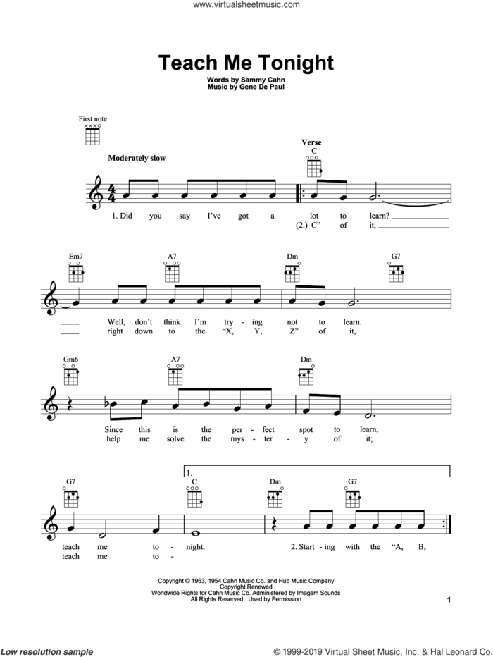Teach Me Tonight sheet music for ukulele by Sammy Cahn and Gene DePaul, intermediate skill level