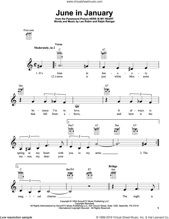 June In January sheet music for ukulele by Lucy Ann Polk, Leo Robin and Ralph Rainger, intermediate skill level