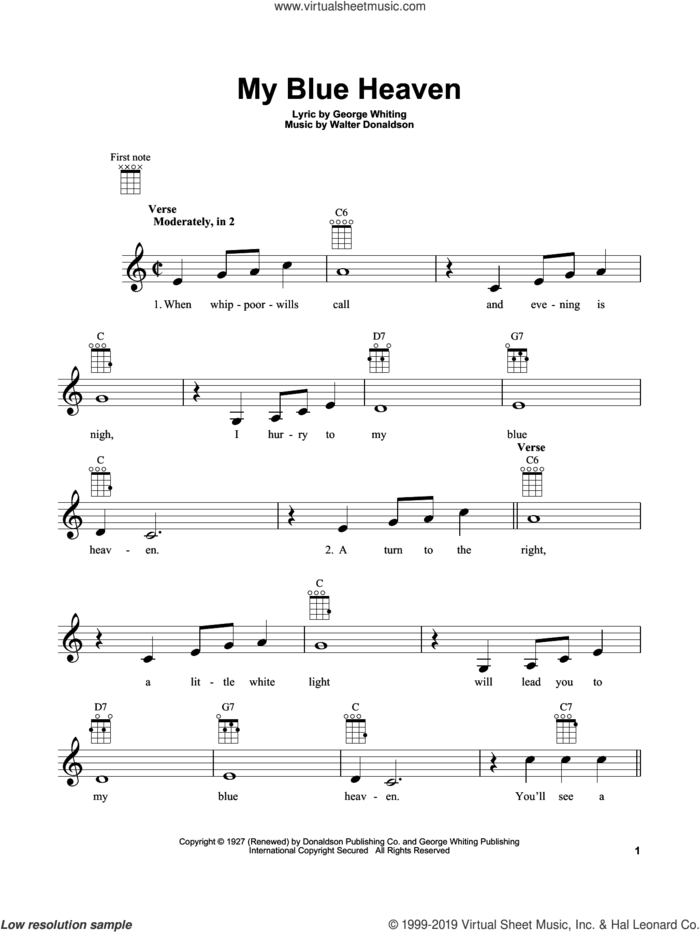 My Blue Heaven sheet music for ukulele by Walter Donaldson and George Whiting, intermediate skill level