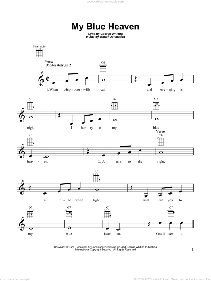 My Blue Heaven sheet music for ukulele by Walter Donaldson and George Whiting, intermediate skill level