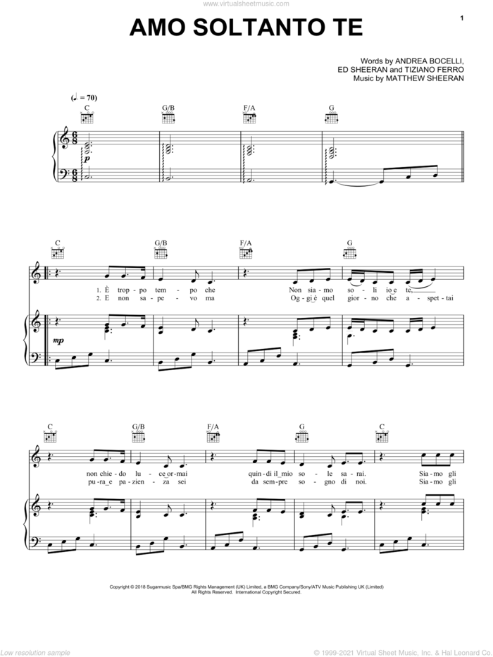 Amo soltanto te (feat. Ed Sheeran) sheet music for voice, piano or guitar by Andrea Bocelli, Ed Sheeran, Matthew Sheeran and Tiziano Ferro, intermediate skill level