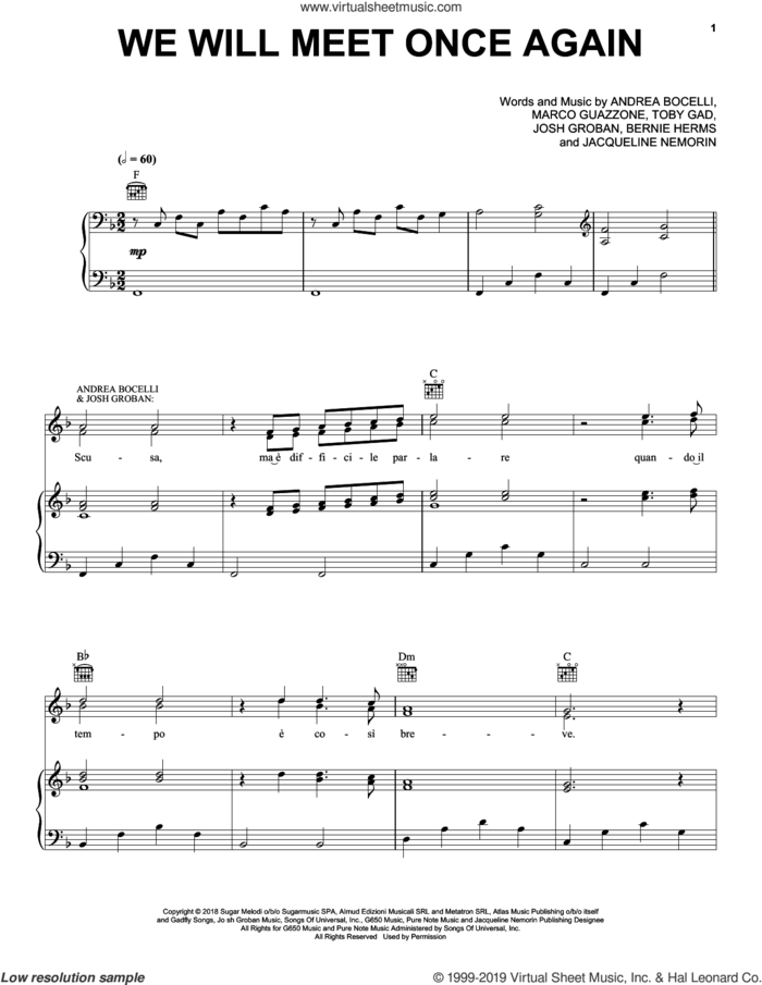 We Will Meet Once Again (feat. Josh Groban) sheet music for voice, piano or guitar by Andrea Bocelli, Bernie Herms, Jacqueline Nemorin, Josh Groban, Marco Guazzone and Toby Gad, intermediate skill level