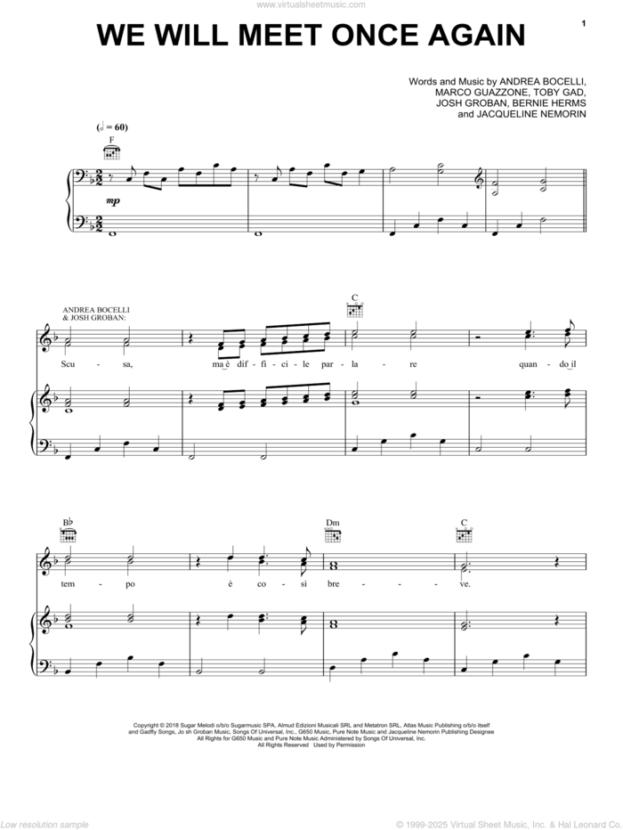 We Will Meet Once Again (feat. Josh Groban) sheet music for voice, piano or guitar by Andrea Bocelli, Bernie Herms, Jacqueline Nemorin, Josh Groban, Marco Guazzone and Toby Gad, intermediate skill level