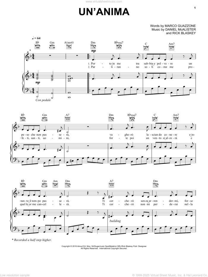 Un'anima sheet music for voice, piano or guitar by Andrea Bocelli, Daniel McAlister, Marco Guazzone and Rick Blaskey, intermediate skill level