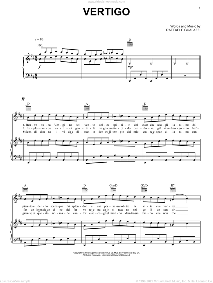 Vertigo sheet music for voice, piano or guitar by Andrea Bocelli and Raffaele Gualazzi, intermediate skill level