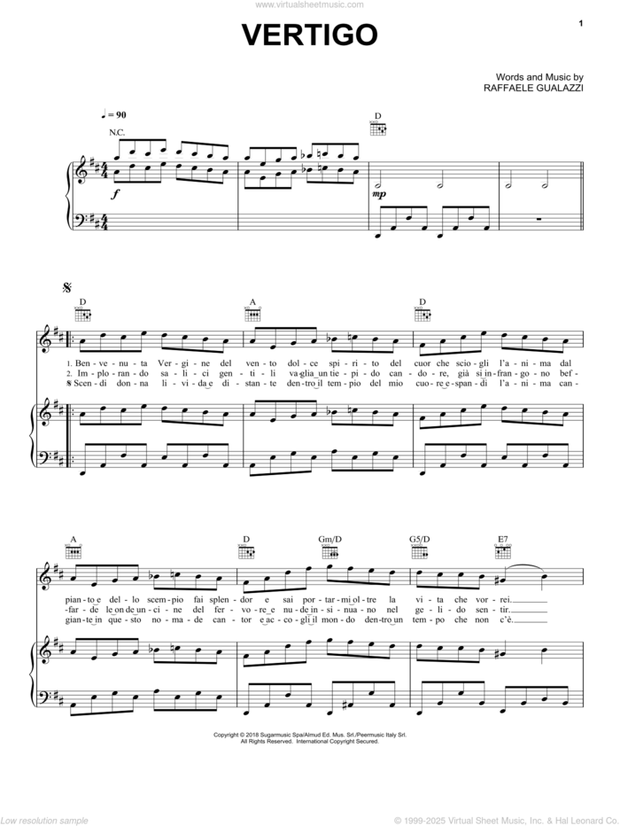 Vertigo sheet music for voice, piano or guitar by Andrea Bocelli and Raffaele Gualazzi, intermediate skill level