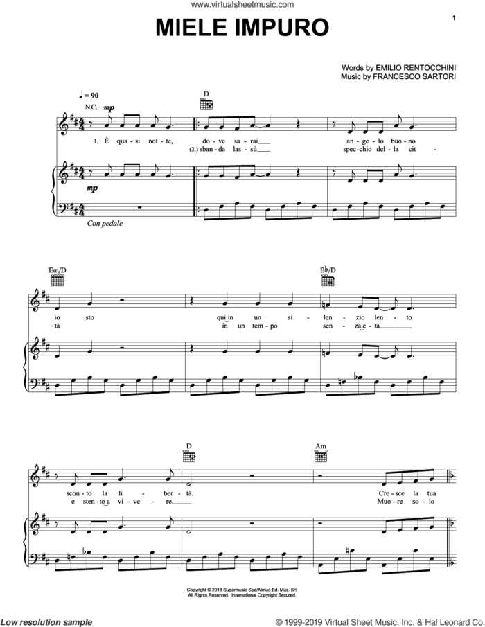 Miele Impuro sheet music for voice, piano or guitar by Andrea Bocelli, Emilio Rentocchini and Francesco Sartori, intermediate skill level