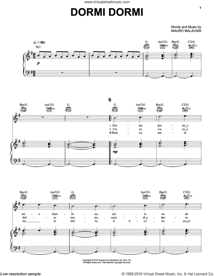 Dormi Dormi sheet music for voice, piano or guitar by Andrea Bocelli and Mauro Malavasi, intermediate skill level