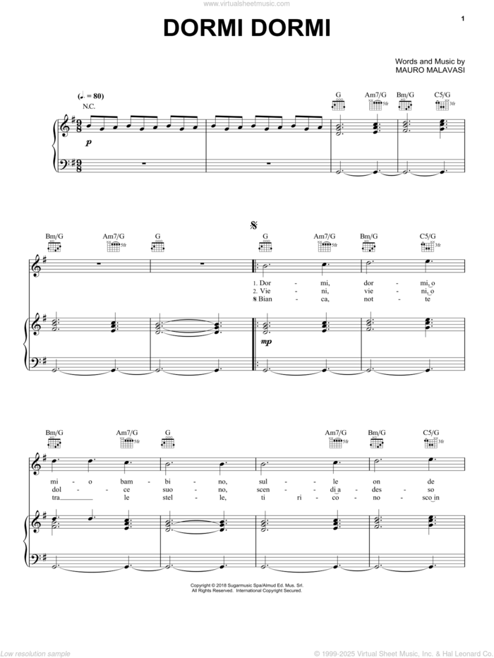 Dormi Dormi sheet music for voice, piano or guitar by Andrea Bocelli and Mauro Malavasi, intermediate skill level