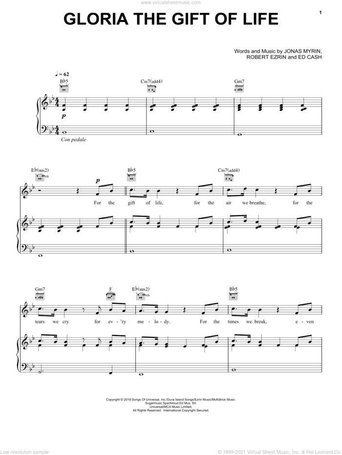 Gloria The Gift Of Life sheet music for voice, piano or guitar by Andrea Bocelli, Ed Cash, Jonas Myrin and Robert Ezrin, intermediate skill level