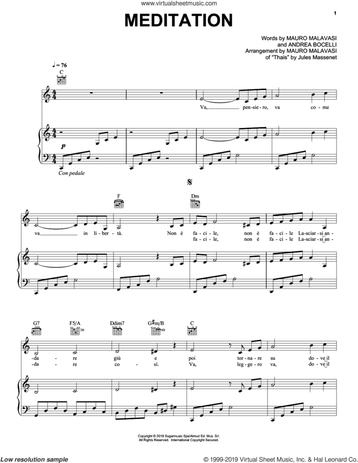 Meditation sheet music for voice, piano or guitar by Andrea Bocelli, Jules Massenet, Mauro Malavasi and Mauro Malavasi (arr.), intermediate skill level