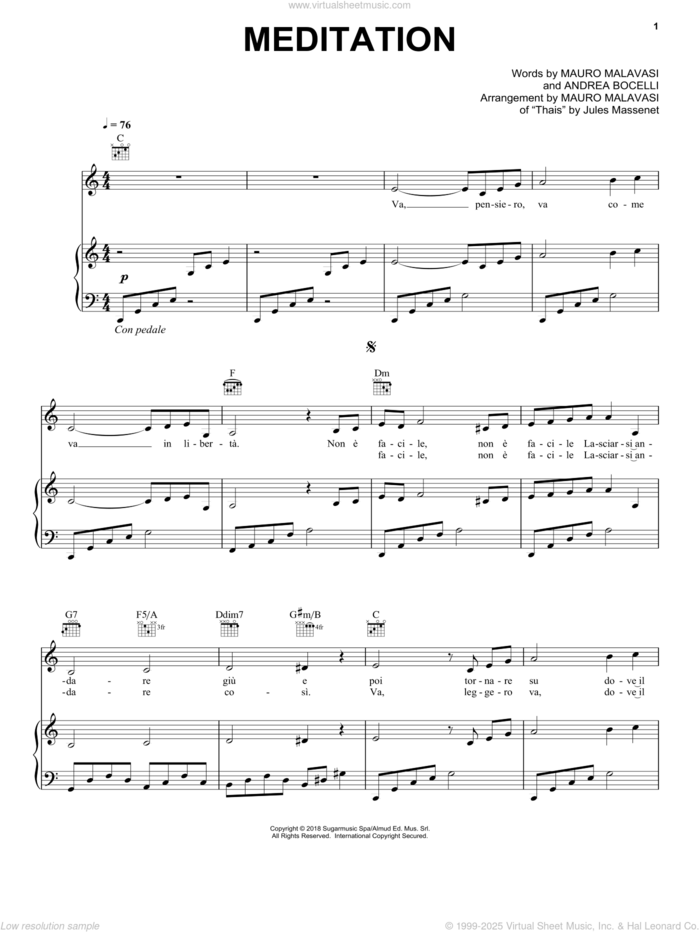 Meditation sheet music for voice, piano or guitar by Andrea Bocelli, Jules Massenet, Mauro Malavasi and Mauro Malavasi (arr.), intermediate skill level