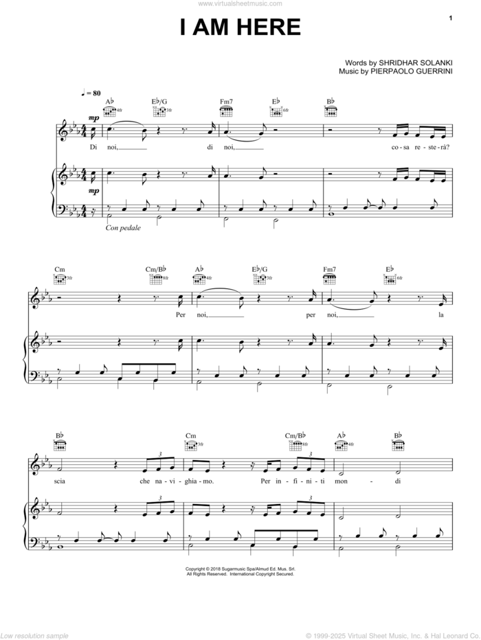 I Am Here sheet music for voice, piano or guitar by Andrea Bocelli, Pierpaolo Guerrini and Shridhar Solanki, intermediate skill level