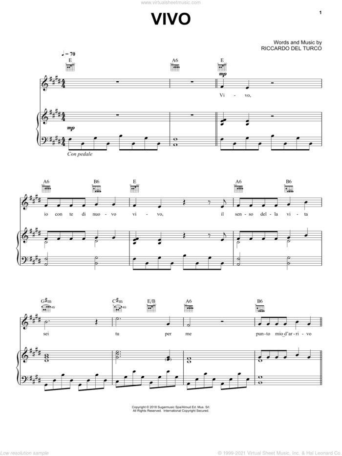 Vivo sheet music for voice, piano or guitar by Andrea Bocelli and Riccardo Del Turco, intermediate skill level