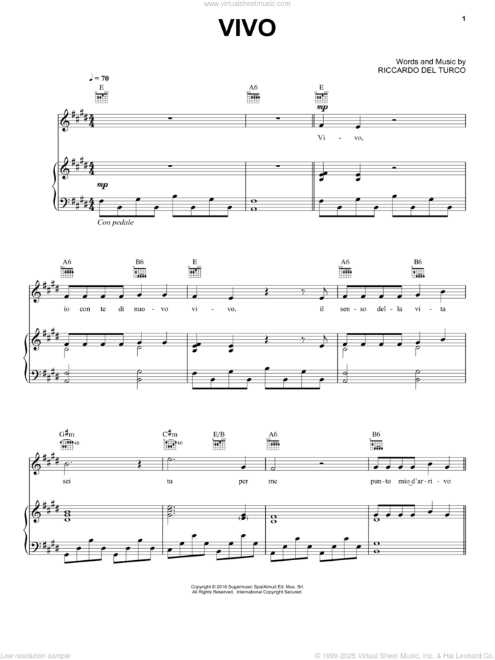 Vivo sheet music for voice, piano or guitar by Andrea Bocelli and Riccardo Del Turco, intermediate skill level