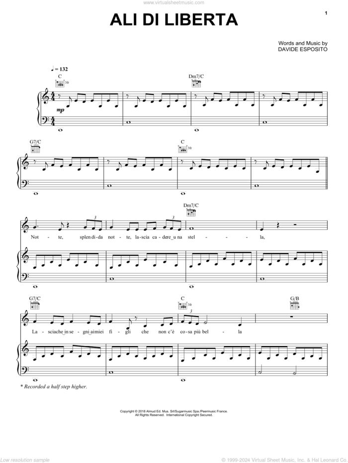 Ali di Liberta sheet music for voice and piano by Andrea Bocelli and Davide Esposito, intermediate skill level