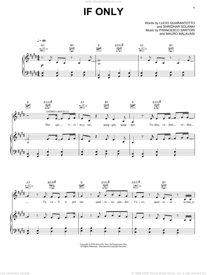 If Only (feat. Dua Lipa) sheet music for voice, piano or guitar by Andrea Bocelli, Francesco Sartori, Lucio Quarantotto, Mauro Malavasi and Shridhar Solanki, intermediate skill level