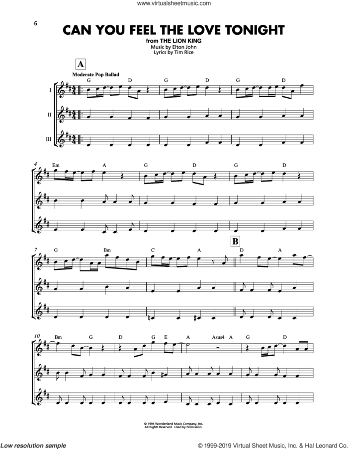 Can You Feel the Love Tonight (from The Lion King) sheet music for ukulele ensemble by Elton John and Tim Rice, intermediate skill level
