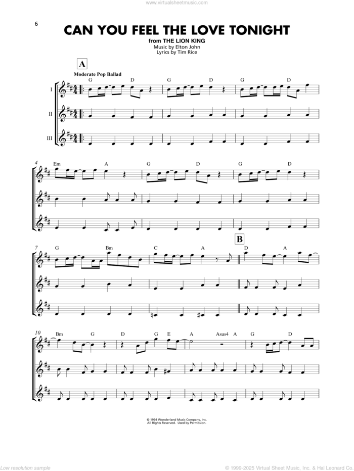 Can You Feel the Love Tonight (from The Lion King) sheet music for ukulele ensemble by Elton John and Tim Rice, wedding score, intermediate skill level