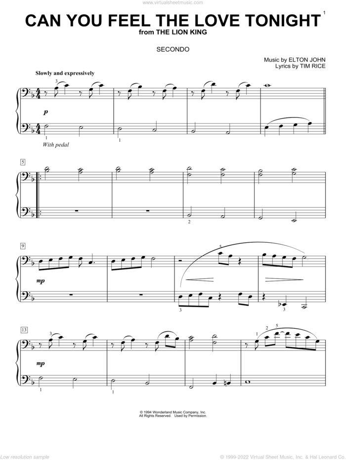Can You Feel the Love Tonight (from The Lion King) sheet music for piano four hands by Elton John and Tim Rice, intermediate skill level