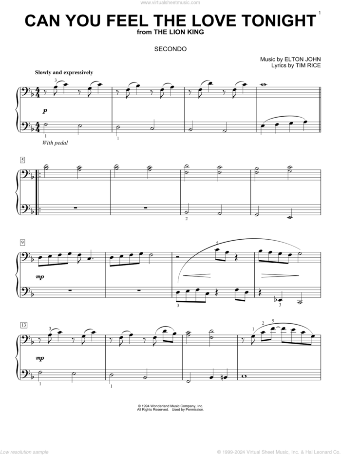 Can You Feel the Love Tonight (from The Lion King) sheet music for piano four hands by Elton John and Tim Rice, wedding score, intermediate skill level