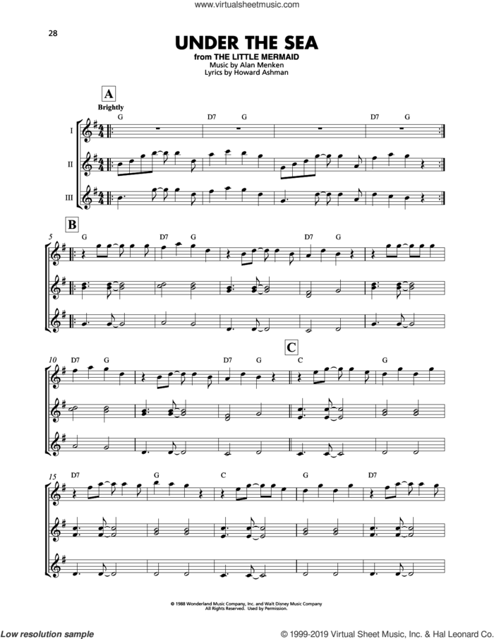Under The Sea (from The Little Mermaid) sheet music for ukulele ensemble by Alan Menken and Howard Ashman, intermediate skill level