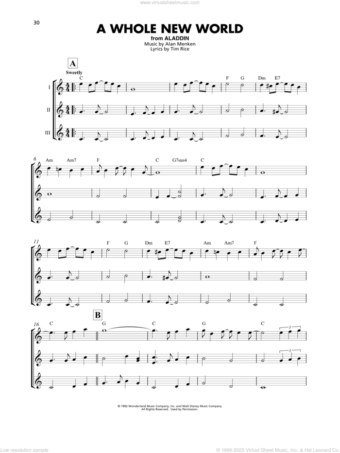 A Whole New World (from Aladdin) sheet music for ukulele ensemble by Alan Menken and Tim Rice, intermediate skill level