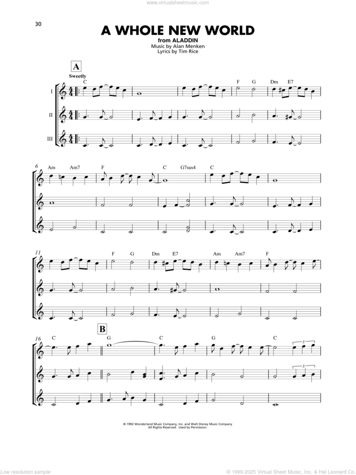 A Whole New World (from Aladdin) sheet music for ukulele ensemble by Alan Menken, Alan Menken & Tim Rice and Tim Rice, wedding score, intermediate skill level