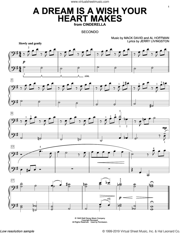 A Dream Is A Wish Your Heart Makes (from Cinderella) sheet music for piano four hands by Ilene Woods, Linda Ronstadt, Al Hoffman, Jerry Livingston and Mack David, wedding score, intermediate skill level