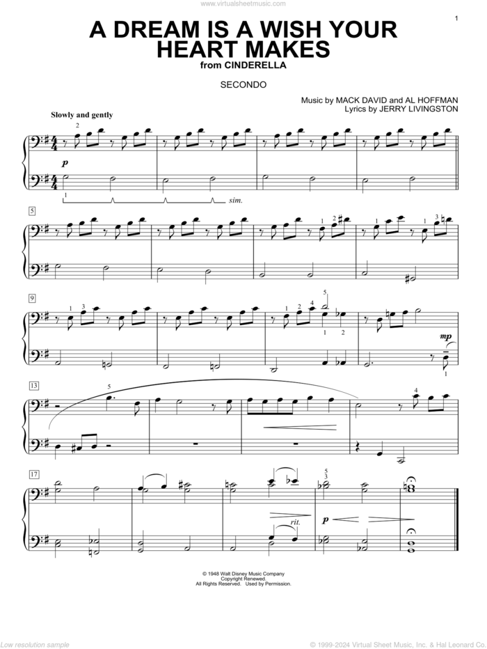 A Dream Is A Wish Your Heart Makes (from Cinderella) sheet music for piano four hands by Ilene Woods, Linda Ronstadt, Al Hoffman, Jerry Livingston and Mack David, wedding score, intermediate skill level