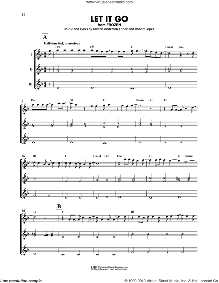 Let It Go (from Frozen) sheet music for ukulele ensemble by Idina Menzel, Kristen Anderson-Lopez and Robert Lopez, intermediate skill level