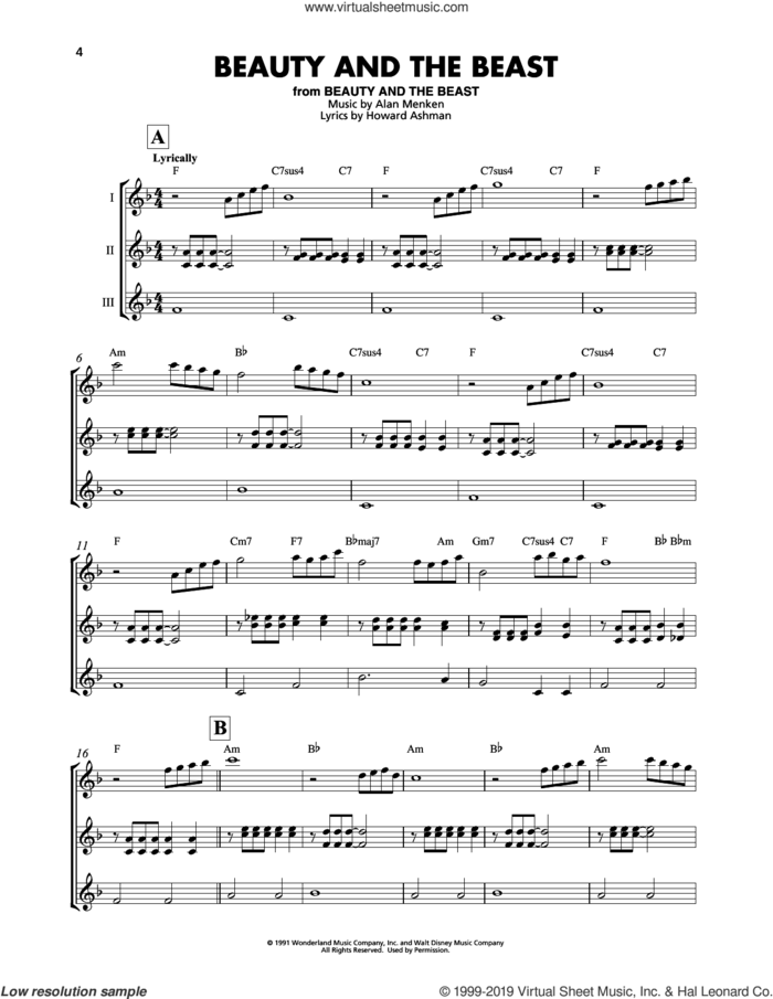 Beauty And The Beast sheet music for ukulele ensemble by Alan Menken, Alan Menken & Howard Ashman and Howard Ashman, intermediate skill level