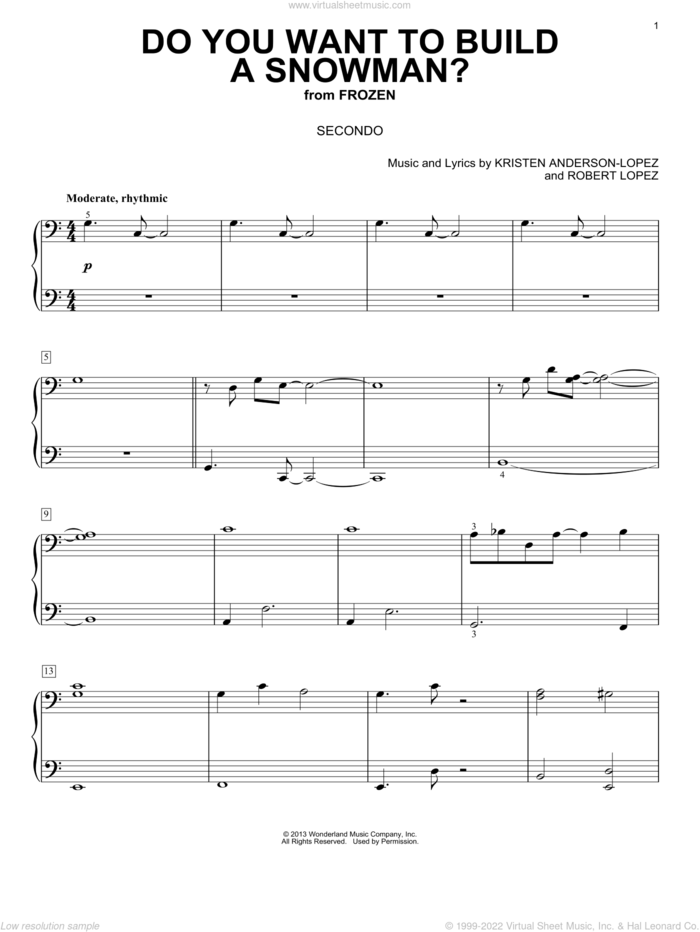 Do You Want To Build A Snowman? (from Frozen) sheet music for piano four hands by Kristen Bell, Agatha Lee Monn & Katie Lopez, Kristen Anderson-Lopez and Robert Lopez, intermediate skill level