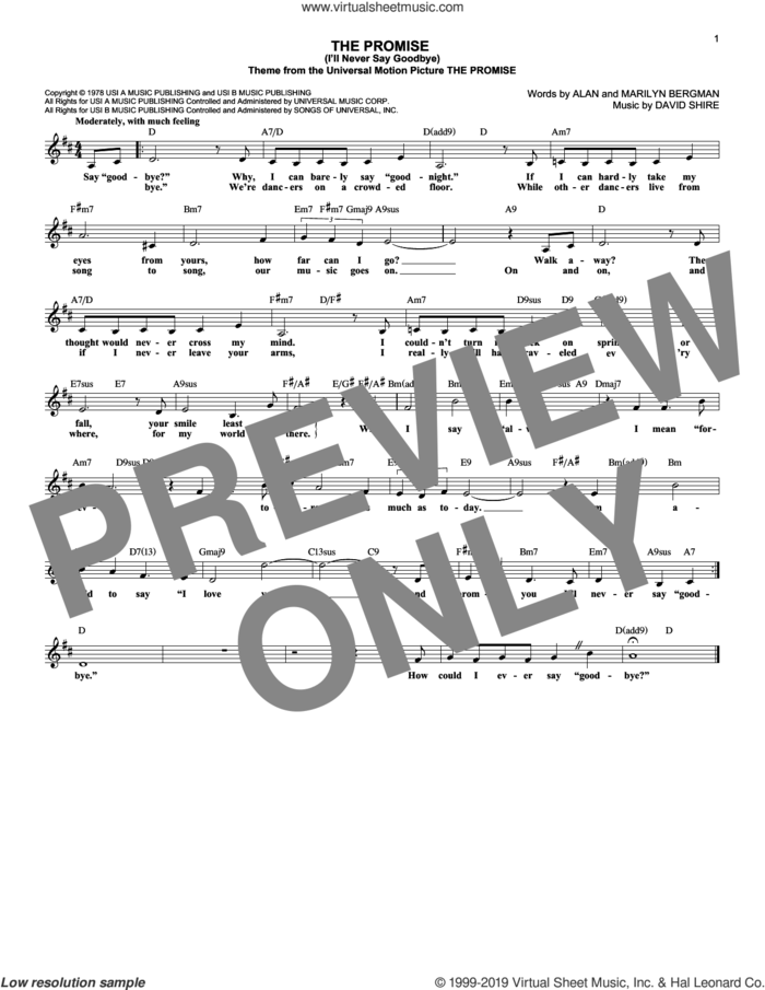 The Promise (I'll Never Say Goodbye) sheet music for voice and other instruments (fake book) by David Shire, Alan Bergman and Marilyn Bergman, wedding score, intermediate skill level