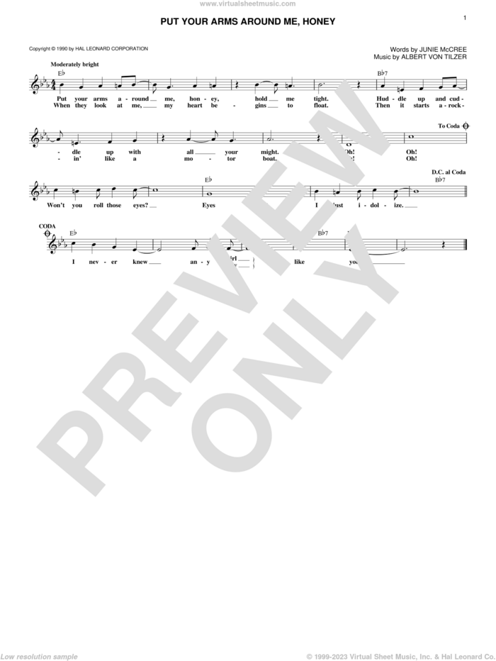 Put Your Arms Around Me, Honey sheet music for voice and other instruments (fake book) by Blossom Seely, Albert von Tilzer and Junie McCree, wedding score, intermediate skill level