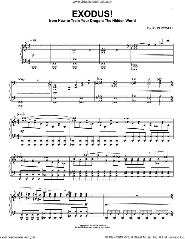 Exodus! (from How to Train Your Dragon: The Hidden World) sheet music for piano solo by John Powell, intermediate skill level