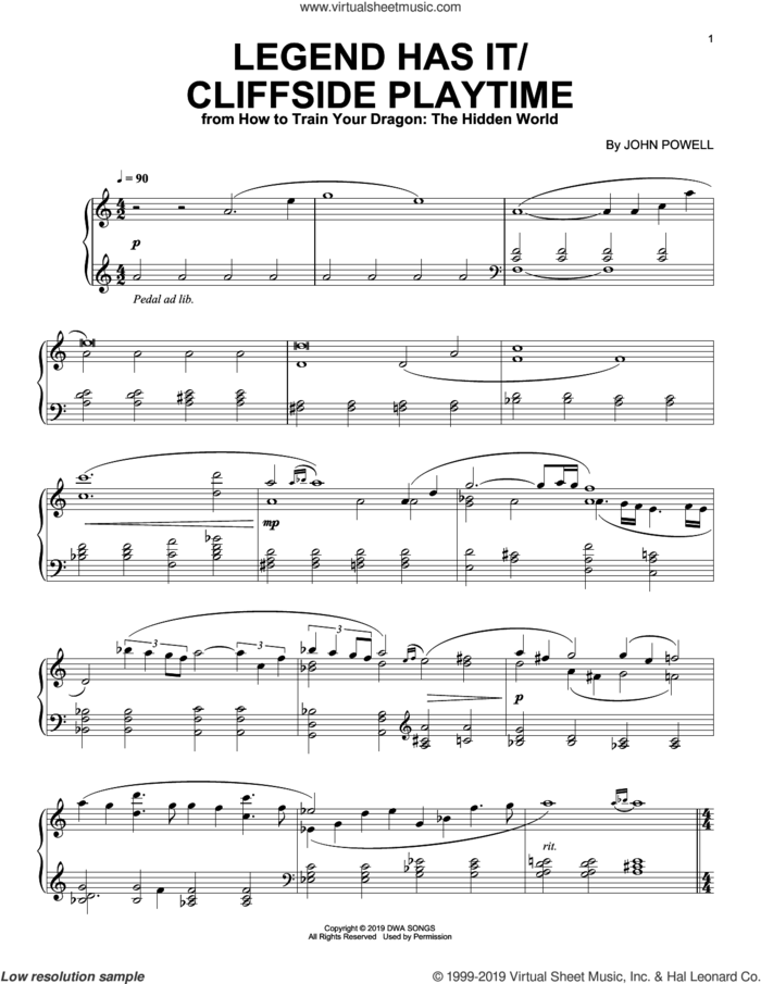 Legend Has It/Cliffside Playtime (from How to Train Your Dragon: The Hidden World) sheet music for piano solo by John Powell, intermediate skill level