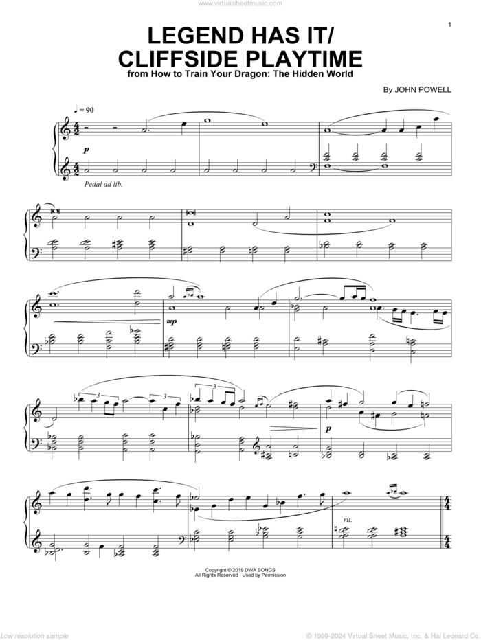 Legend Has It/Cliffside Playtime (from How to Train Your Dragon: The Hidden World) sheet music for piano solo by John Powell, intermediate skill level